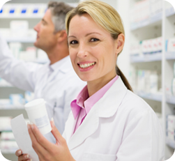 Woman pharmacist holding white prescription bottle 