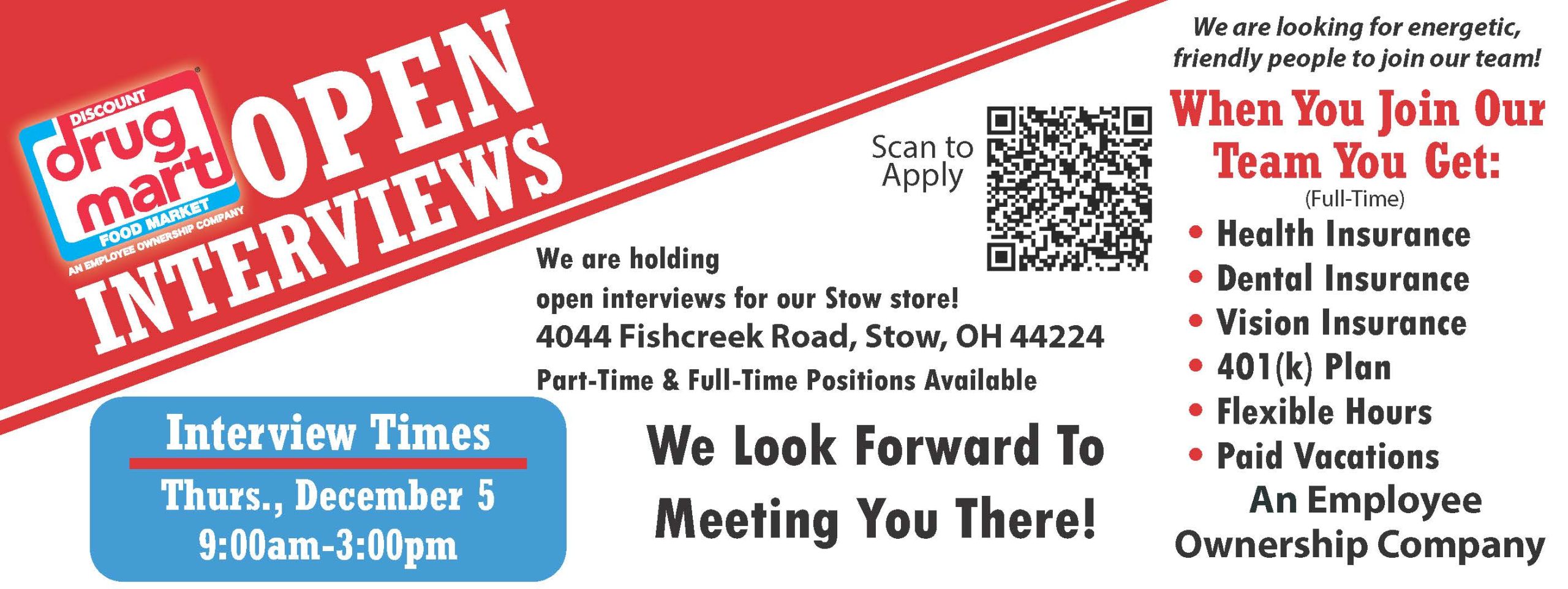 Open Interview 4044 Fishcreek Rd Stow OH  Thursday, December 5, 9:00am-3:00pm